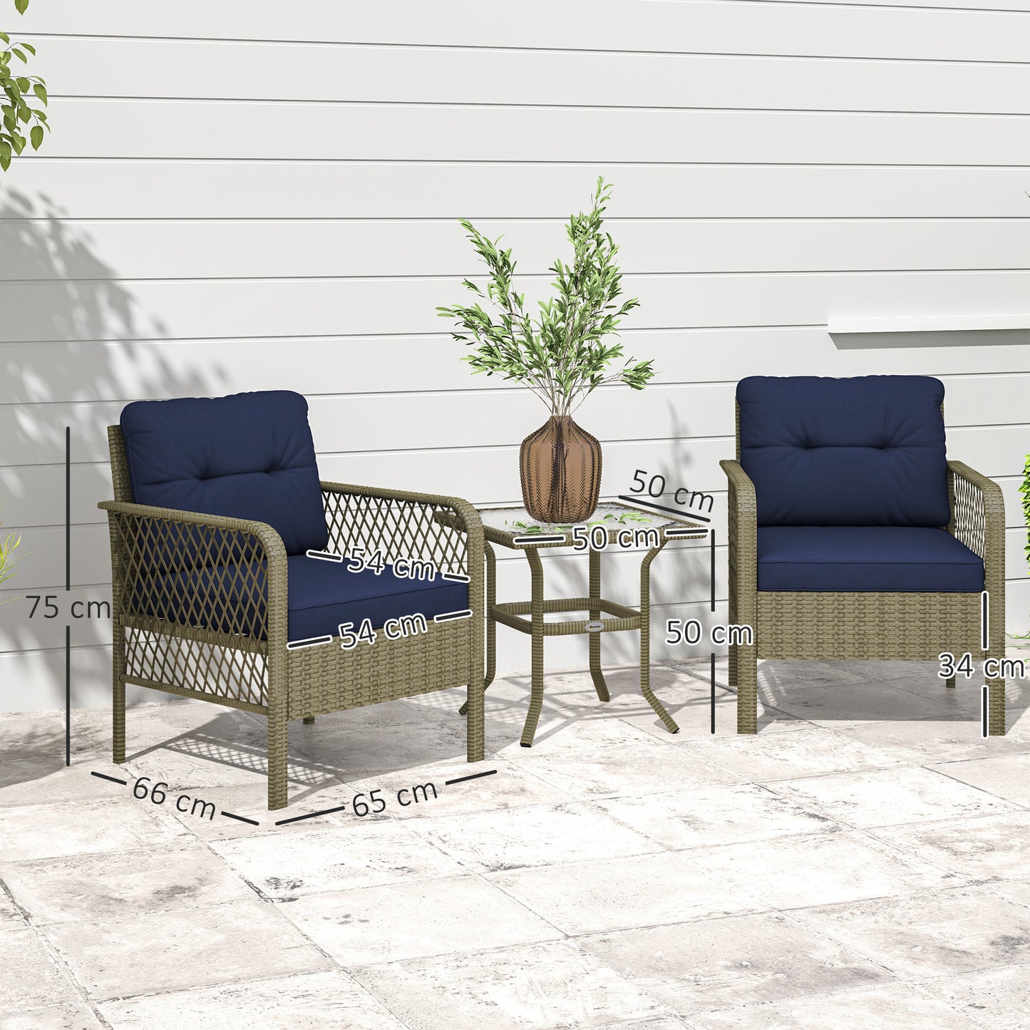 Doli Grey Rattan and Blue Fabric 3 Piece Bistro Set with Glass Coffee Table