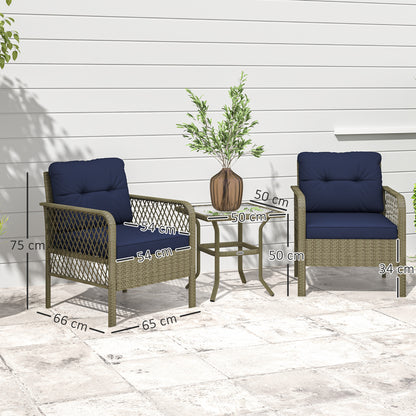 Doli Grey Rattan and Blue Fabric 3 Piece Bistro Set with Glass Coffee Table
