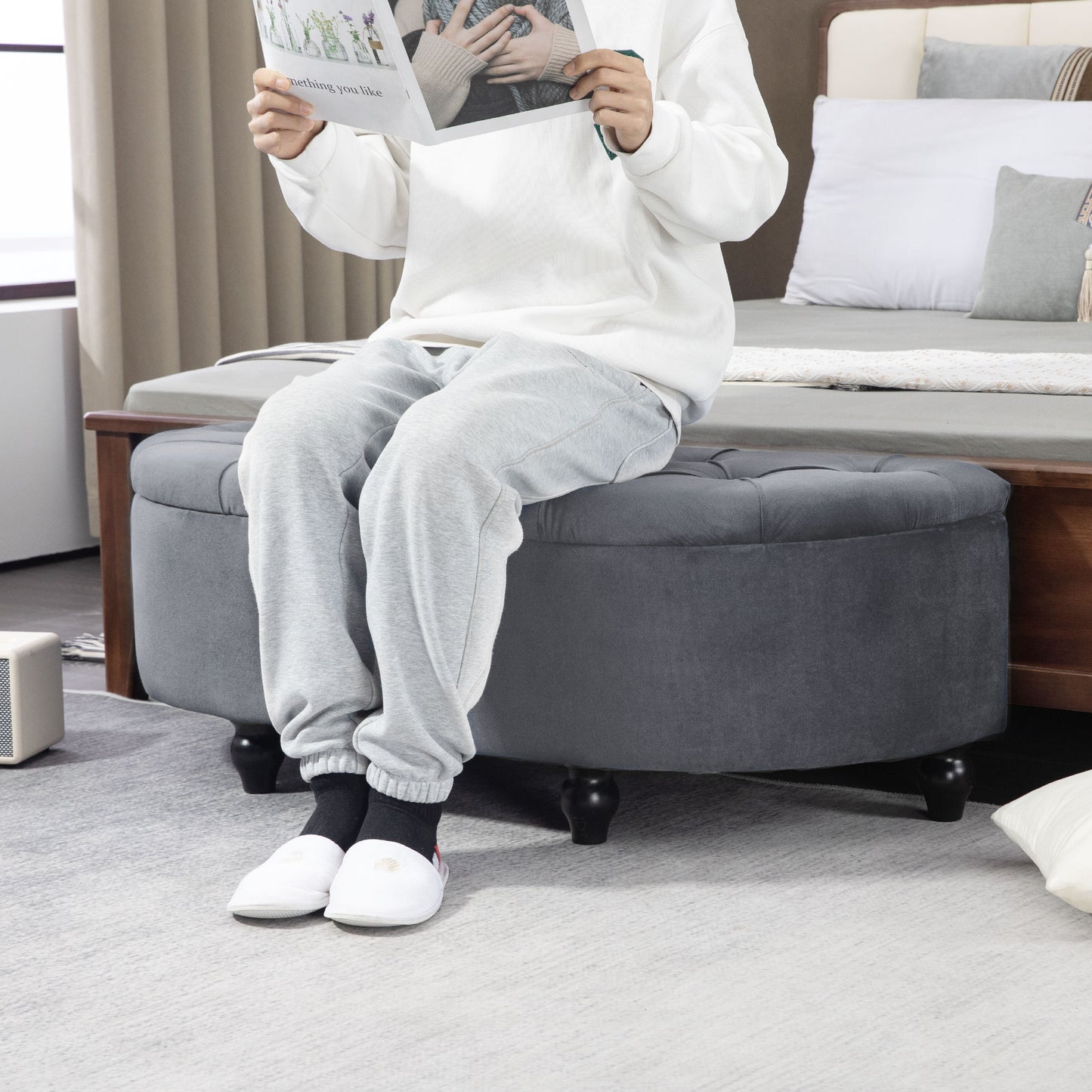 Rafili Velvet Grey Semi Circle Storage Bench With Tufted Seat