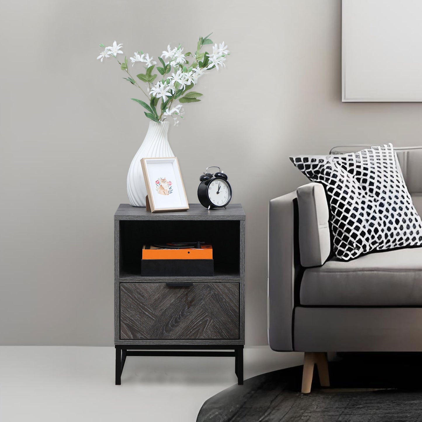 Fari Dark Grey Bedside Table With Drawer And Shelf Storage And Steel Legs