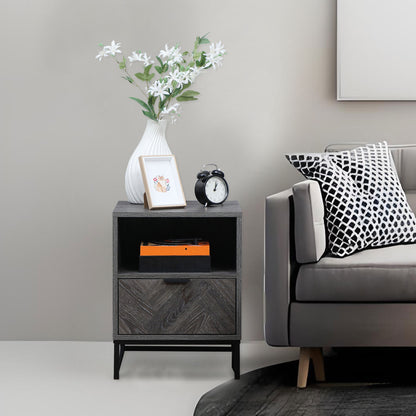 Fari Dark Grey Bedside Table With Drawer And Shelf Storage And Steel Legs