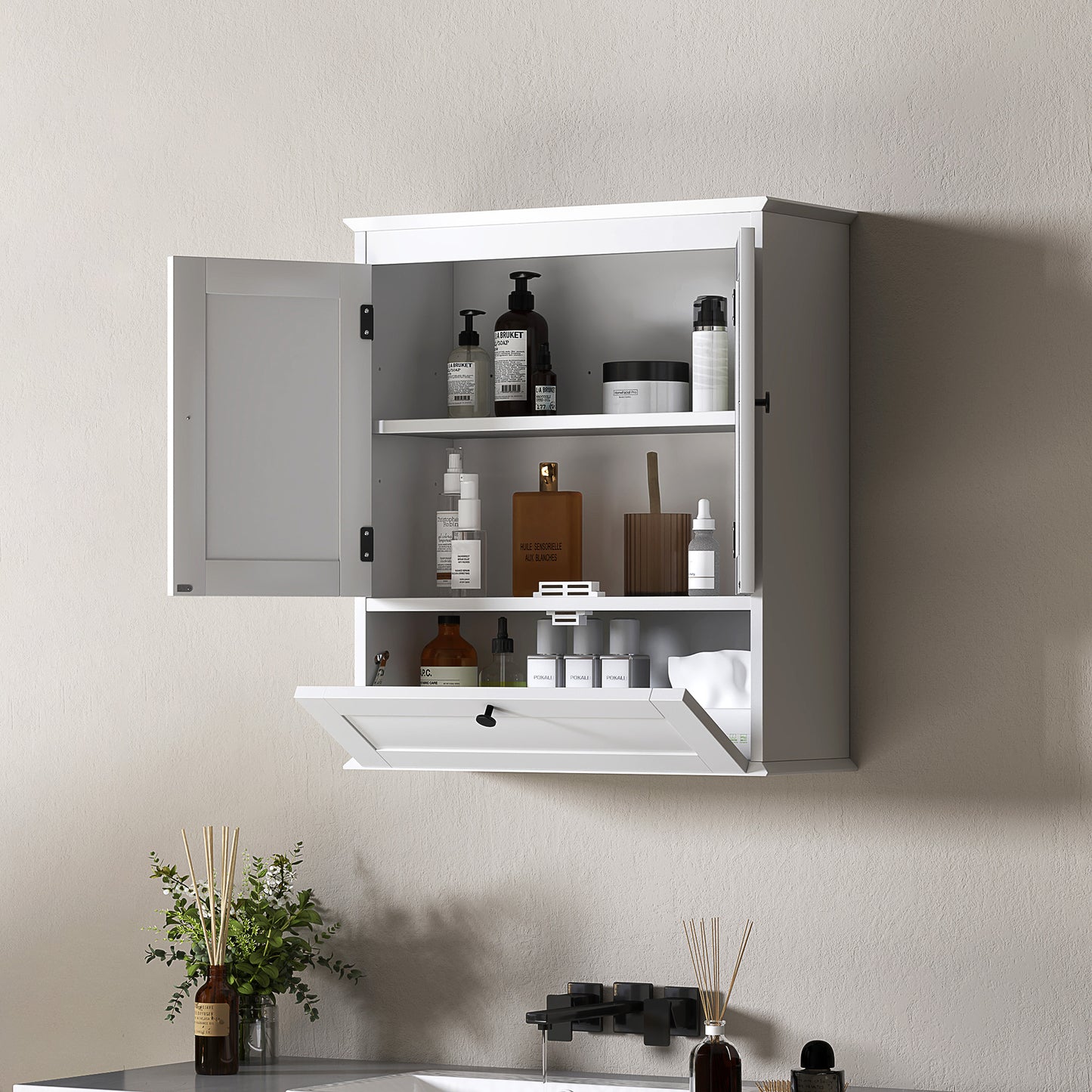 Nelavi Wall Mounted Bathroom Storage Cabinet With Adjustable Shelving And Recessed Doors White