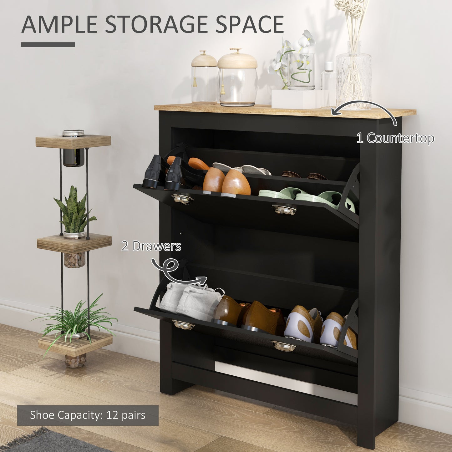 Resuka Wooden Black Slim Shoe Cabinet With 2 Flip Drawers For 6 To 12 Pairs