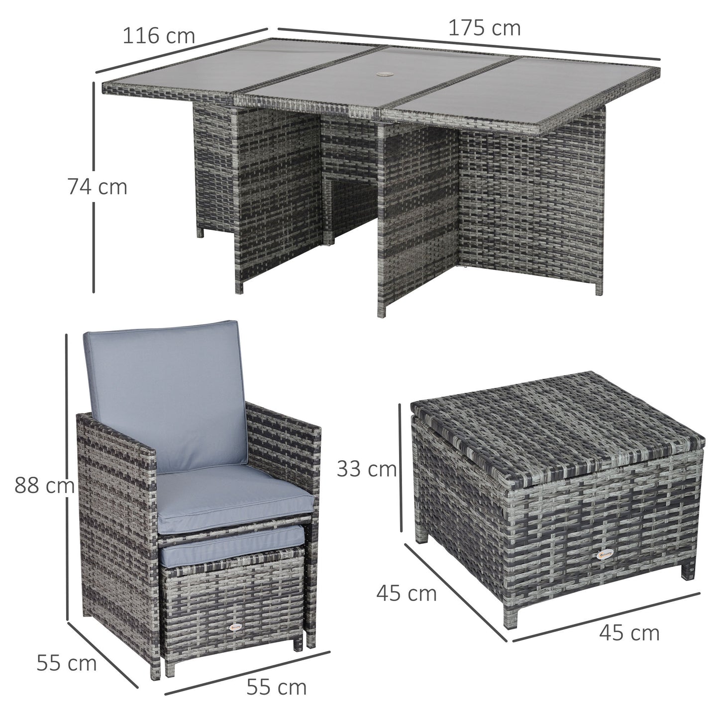 Tasuke Rattan Grey 10 Seater Cube Garden Dining Set With Cushions And Rectangular Glass Table