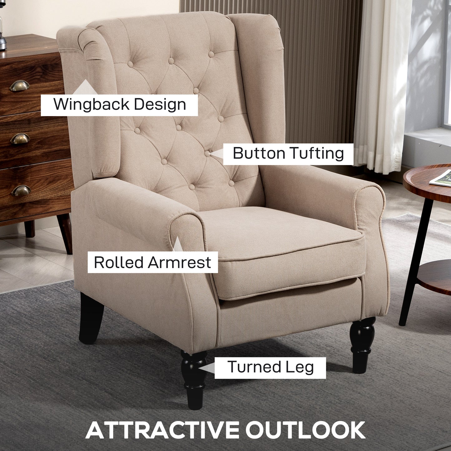 Nobael Beige Retro Wingback Accent Chair With Diamond Button Tufted Upholstery