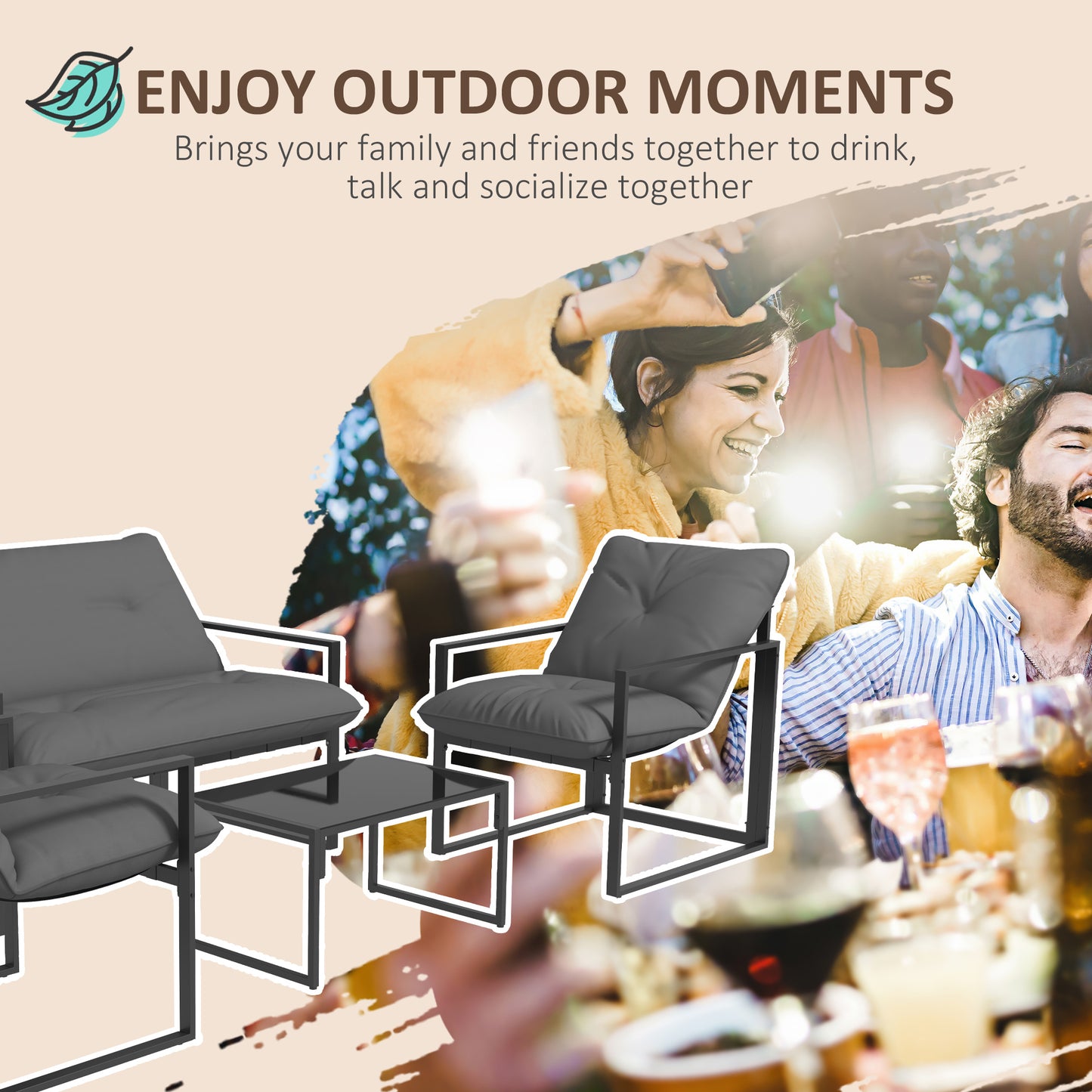 Mocove Cody Metal Black 4 Seater Relaxed Back Outdoor Furniture Set with Grey Padded Cushions
