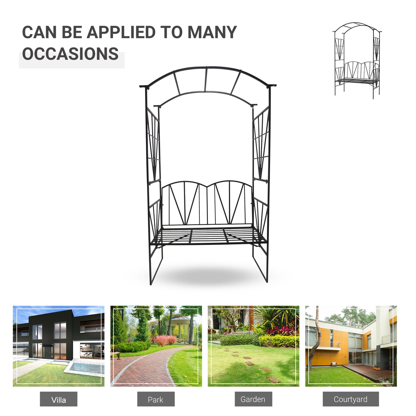 Sovemo Metal Black 2 Seater Garden Bench With Arch Back For Climbing Plants