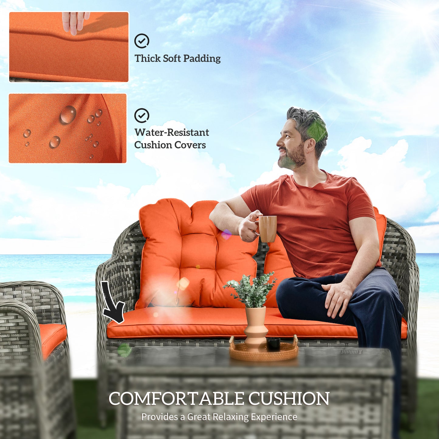 Yoro Grey Rattan Orange 4 Seater Outdoor Sofa Set With Glass Coffee Table