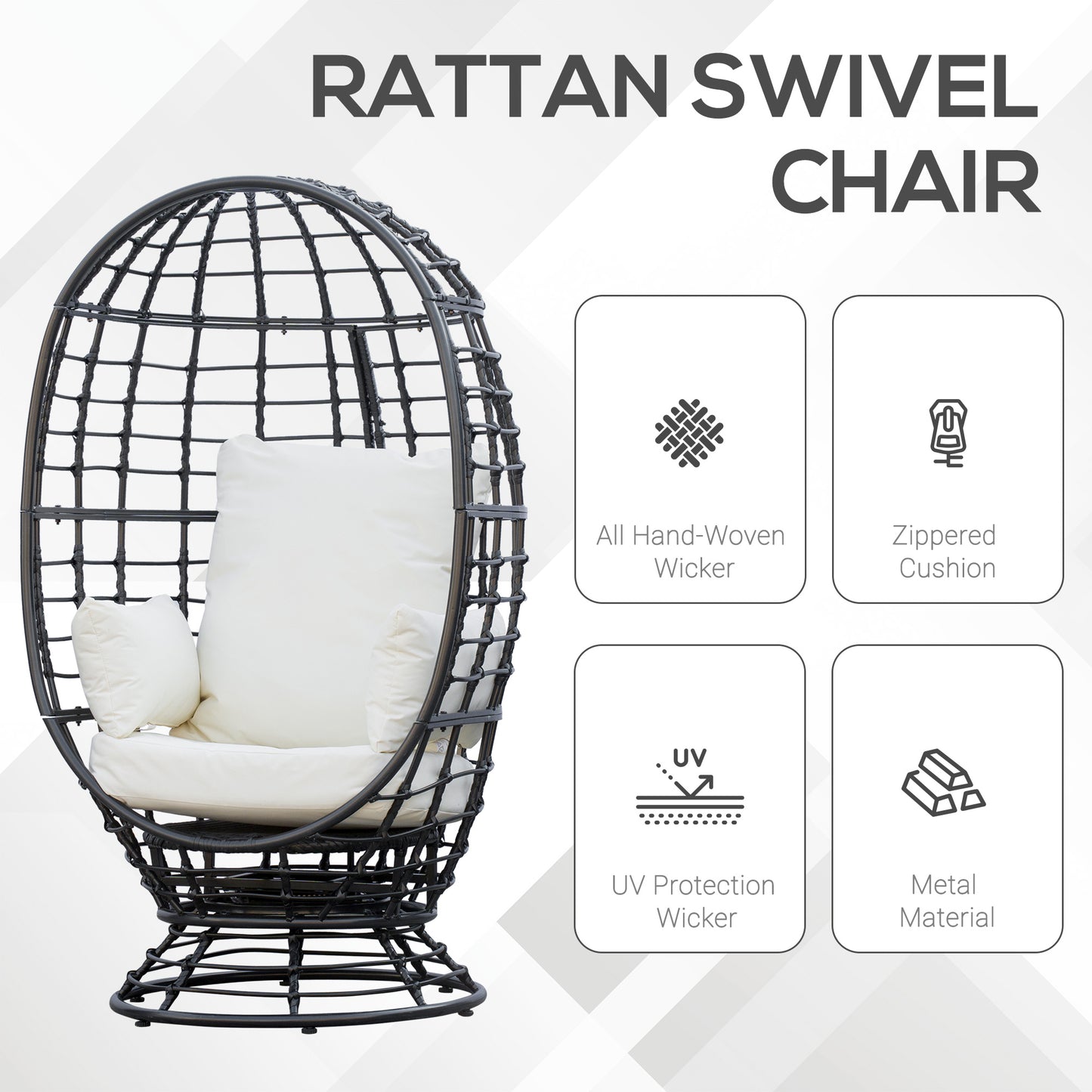 Rasu Rattan Black Swivel Egg Chair With White Cushion And Pillow