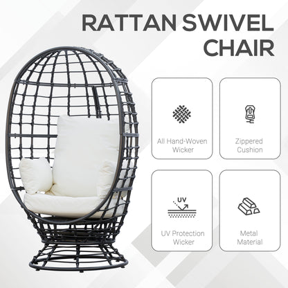 Rasu Rattan Black Swivel Egg Chair With White Cushion And Pillow