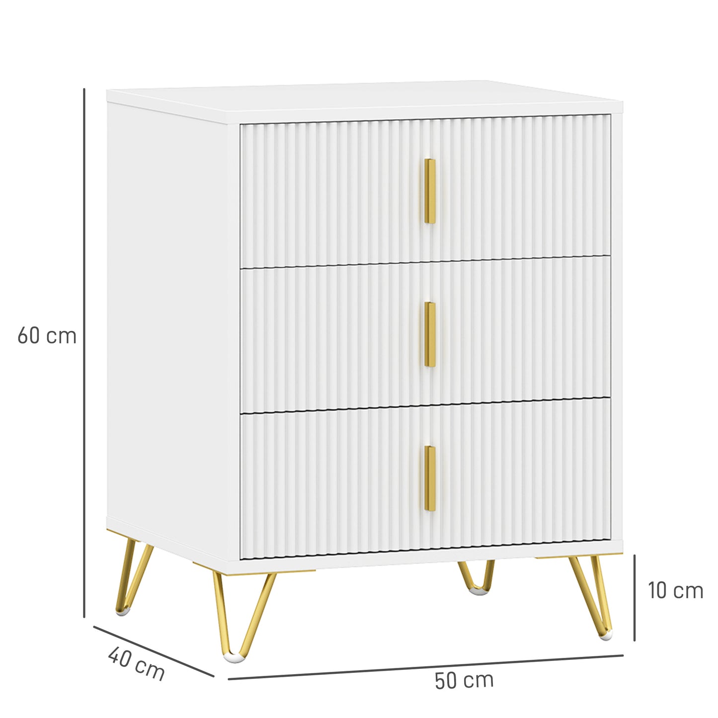 Renina Set Of 2 Wooden White and Gold Tone 3 Drawer Elegant Storage Bedside Tables
