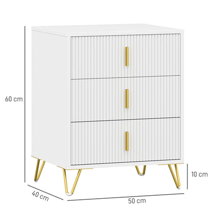 Renina Set Of 2 Wooden White and Gold Tone 3 Drawer Elegant Storage Bedside Tables