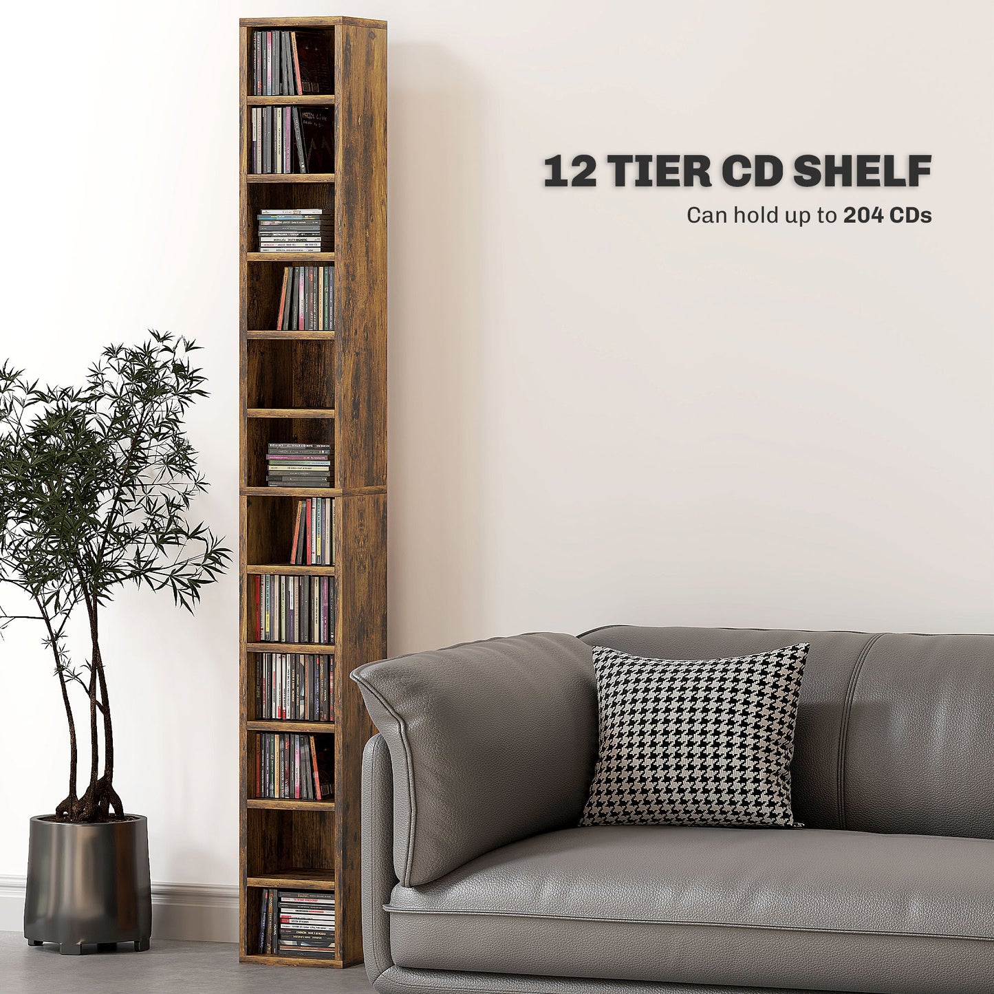 Nedito Wood Rustic Brown Tall Narrow Media Storage Tower With 204 Disc Capacity