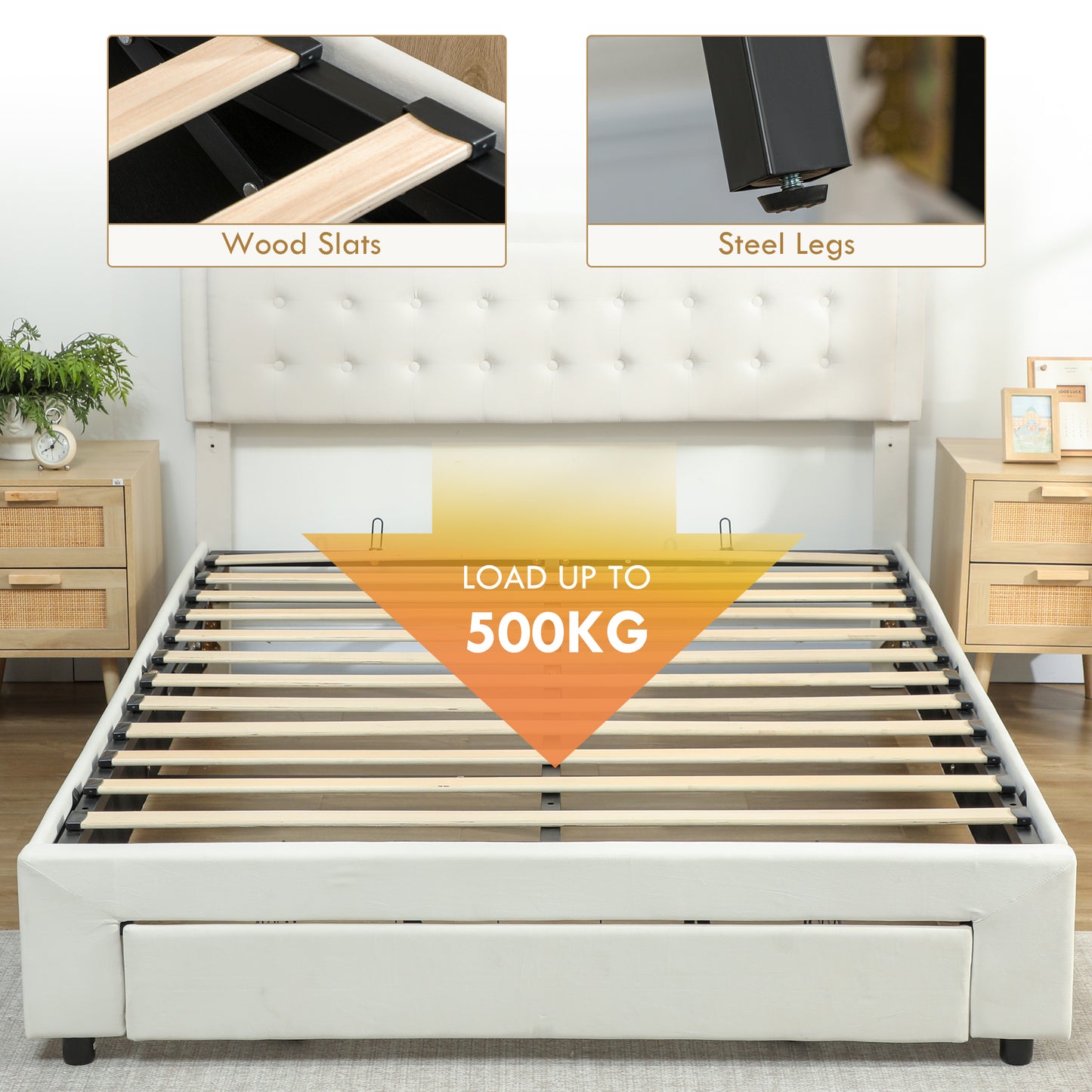 Zina 5FT King Size Ottoman Bed Frame with Front Divan Drawer Storage Cream