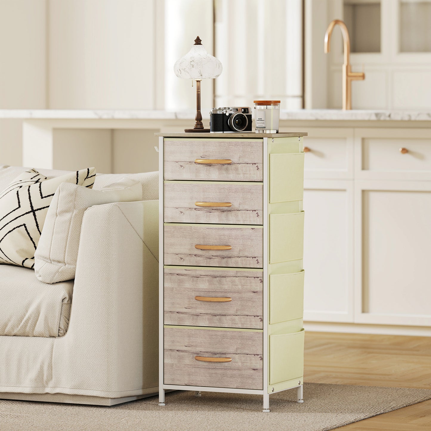 Sudo Fabric And Metal Natural Wood Finish 5 Drawer Storage Chest