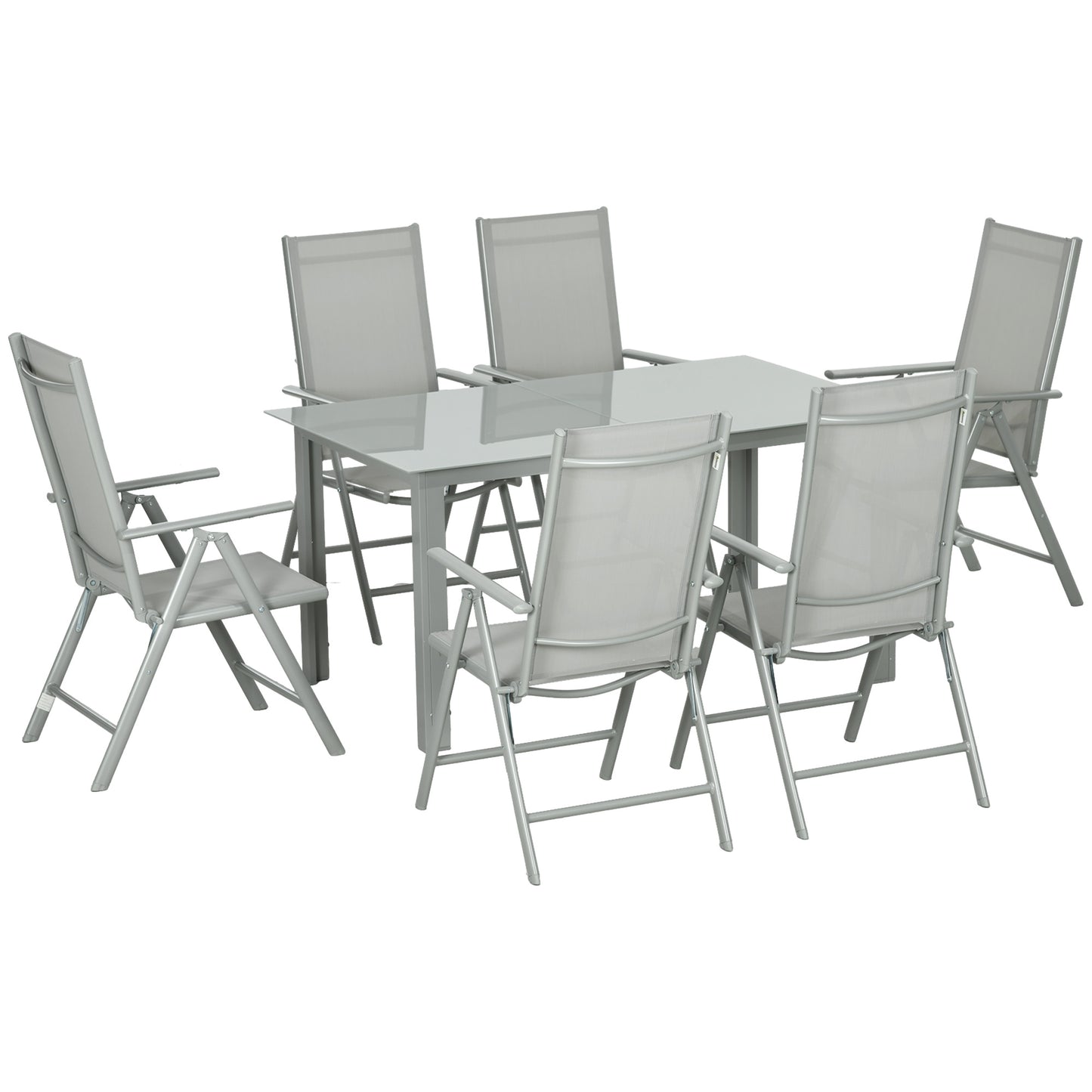 Pasano 6 Seater Light Grey Garden Dining Set Outdoor Tempered Glass Top Table and Folding Mesh Chairs