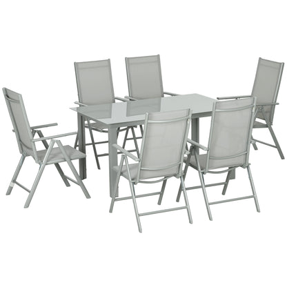 Pasano 6 Seater Light Grey Garden Dining Set Outdoor Tempered Glass Top Table and Folding Mesh Chairs