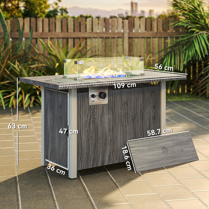 Luno Rectangular Steel Dark Grey Gas Fire Pit Table With Cover And Glass Screen