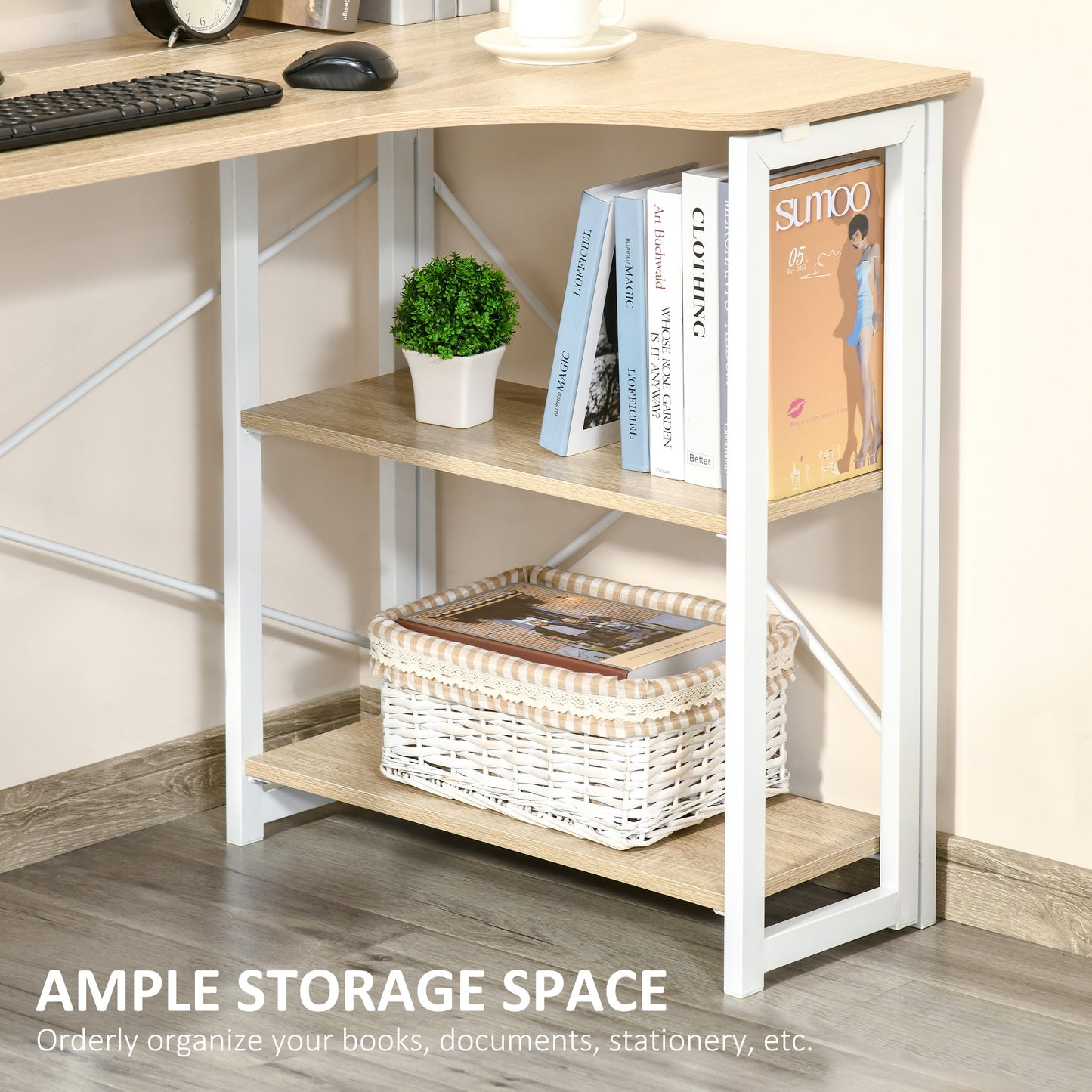 Haba 120cm Wooden Oak and White Metal Folding L Shaped Desk With 2 Tier Storage Shelves