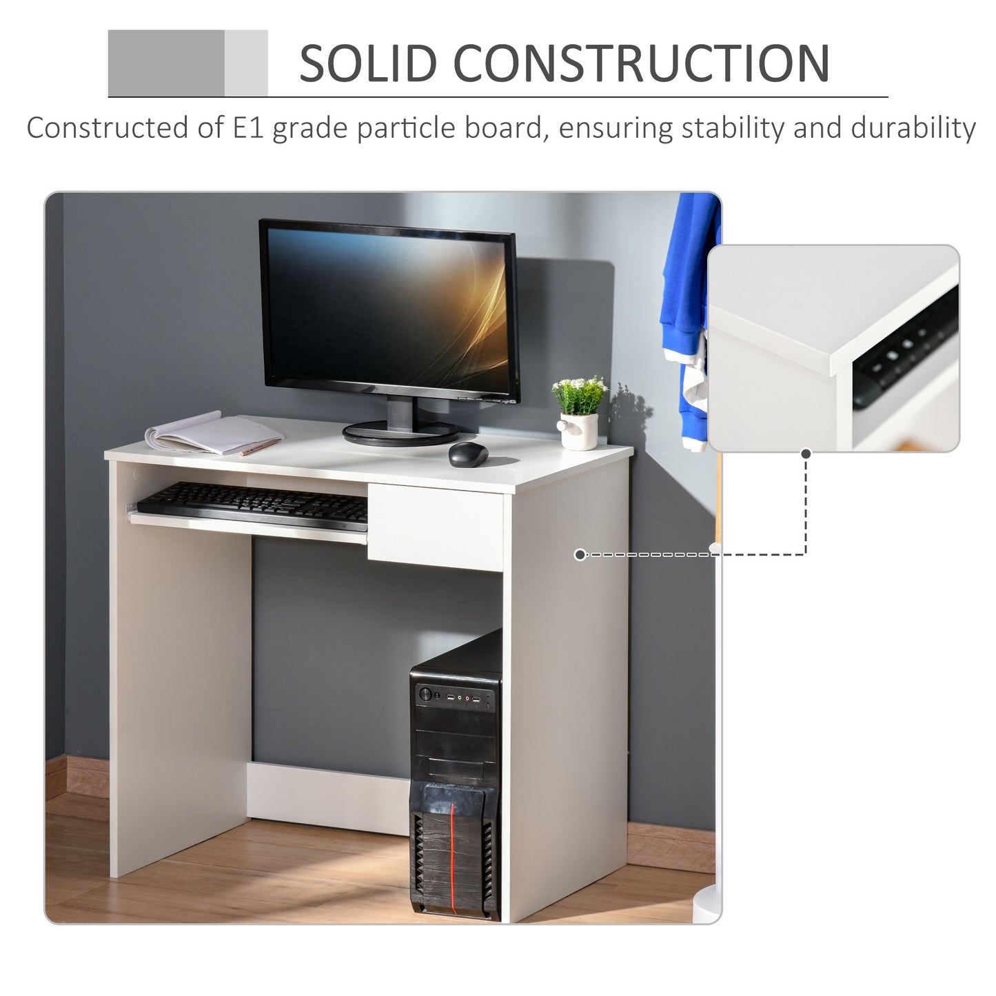 Samoka Small 80cm Wooden White Compact Desk With Keyboard Tray And Drawer