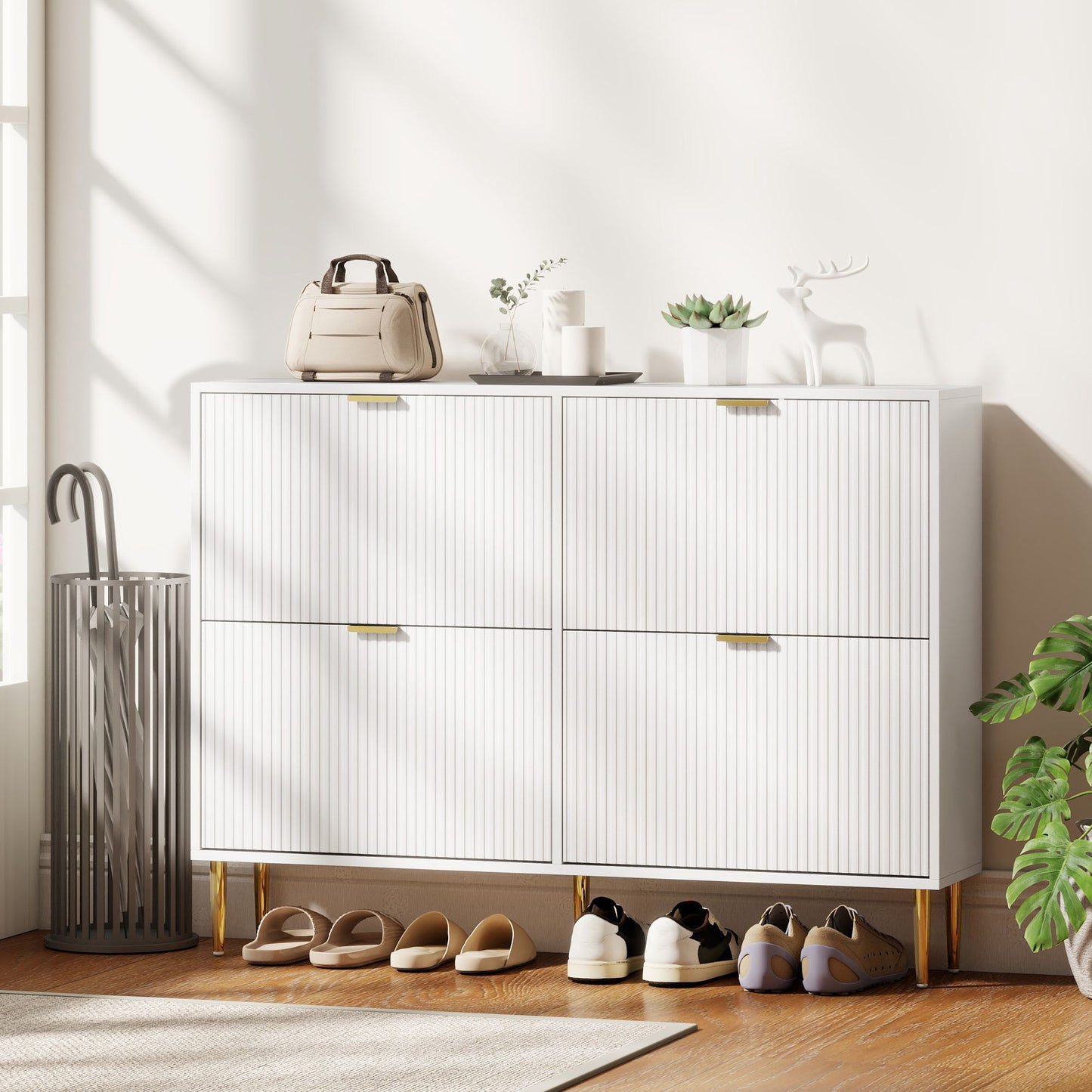 Rokake Wooden White Elegant 4 Drawer Shoe Cabinet Ribbed Design