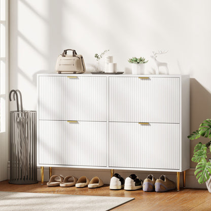 Rokake Wooden White Elegant 4 Drawer Shoe Cabinet Ribbed Design
