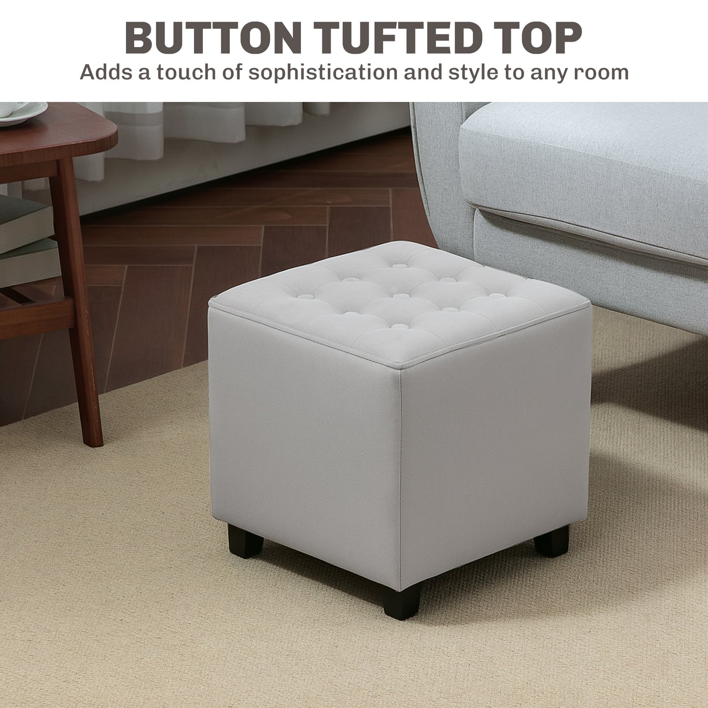 Kafano Velvet Light Grey Square Ottoman With Soft Upholstered Finish