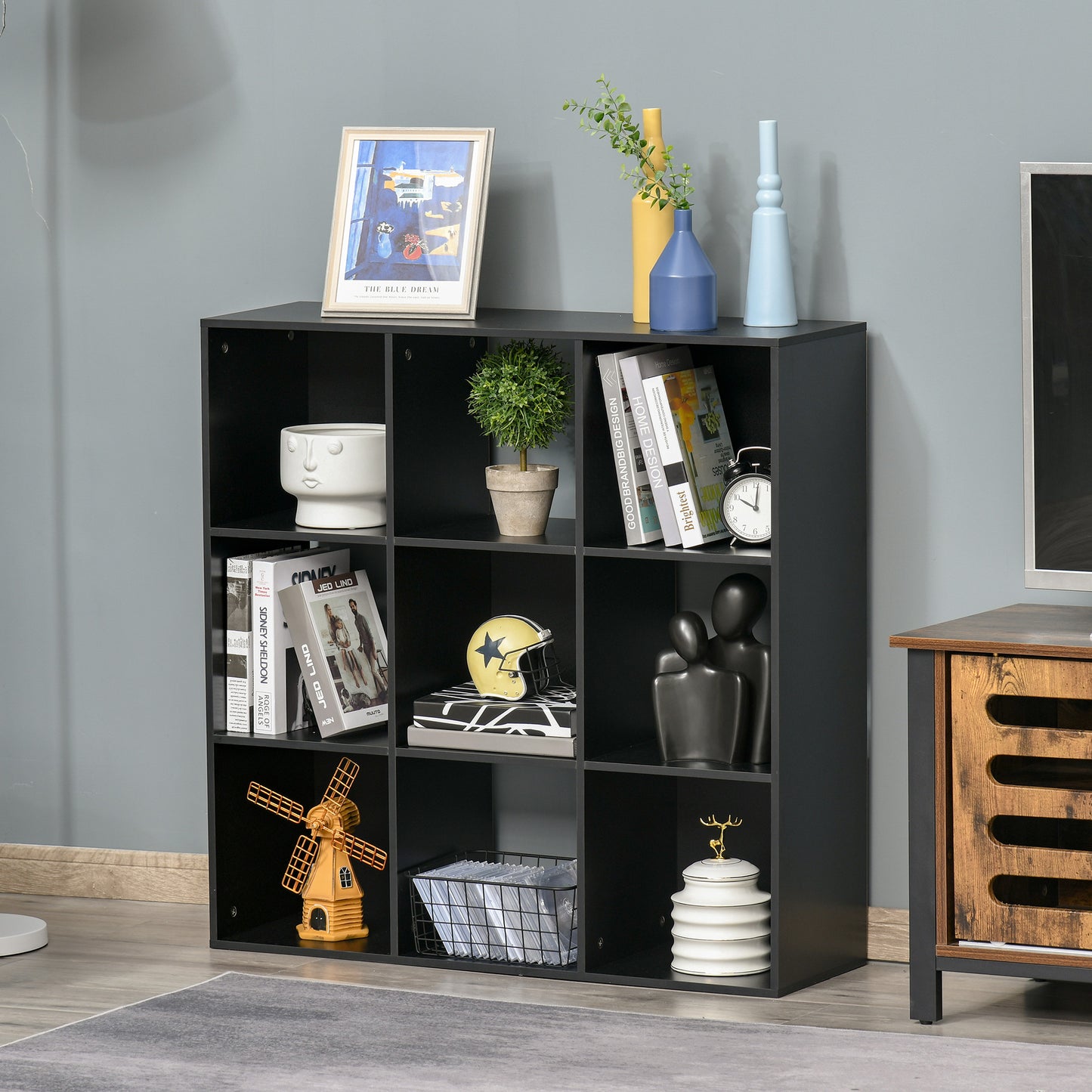 Remamo Wood Black 3 Tier 9 Cube Storage Bookcase