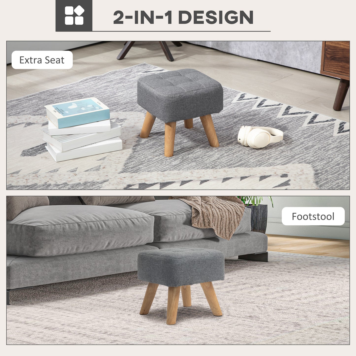 Sayo Linen Look Light Grey Square Padded Footstool Tufted Diamond
