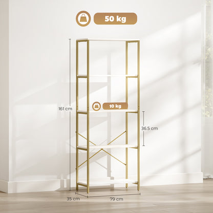 Lazila Metal And Wood White And Gold Tone 5 Tier Modern Bookcase