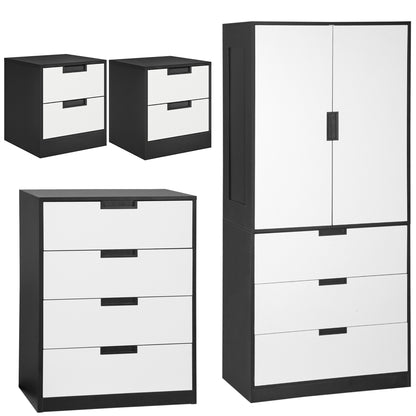 Coraniva White And Black Bedroom Furniture Set With Wardrobe Chest Of Drawers And 2 Bedside Tables