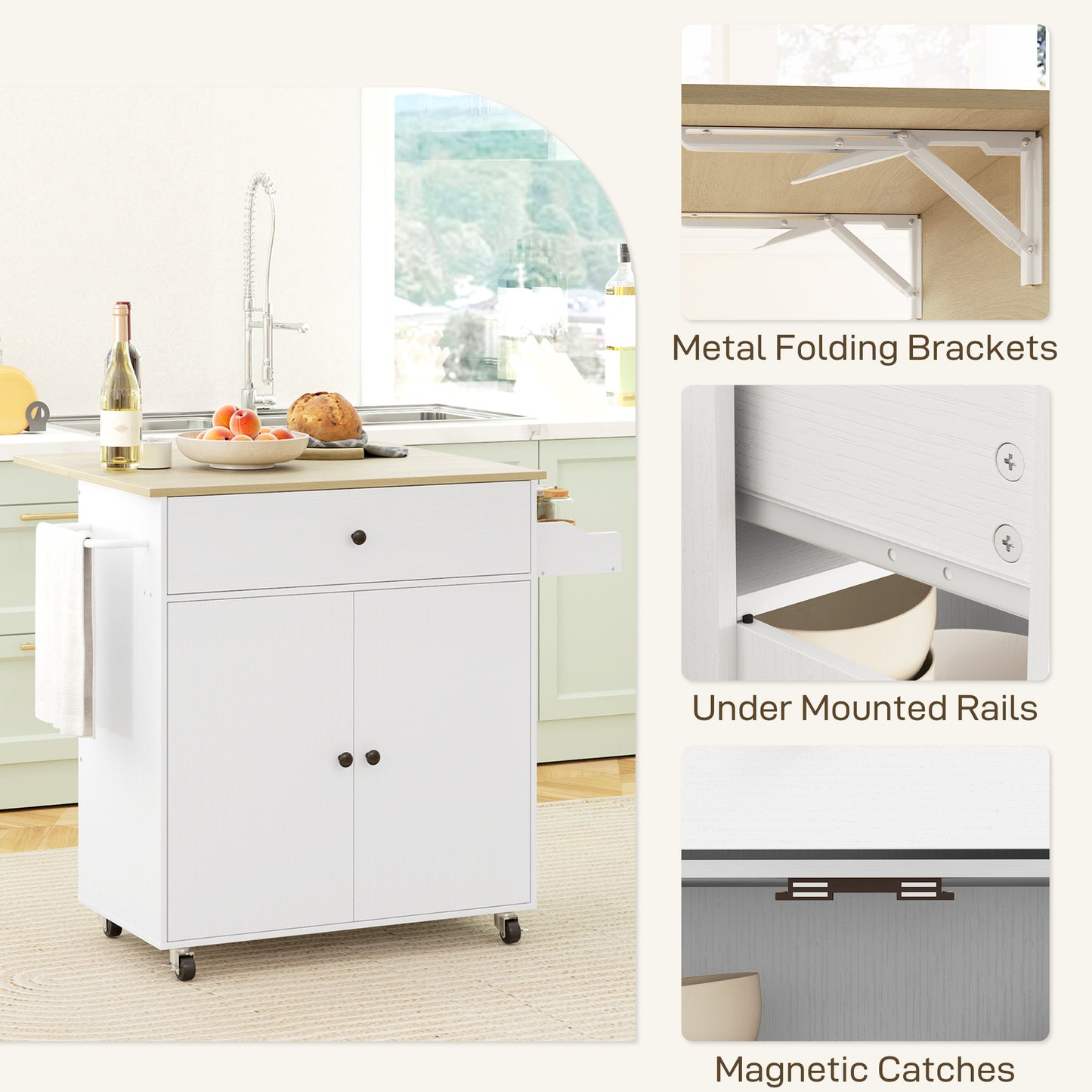 Seto Wooden White Rolling Kitchen Island With Drop Leaf Drawer Spice Rack And Towel Rail