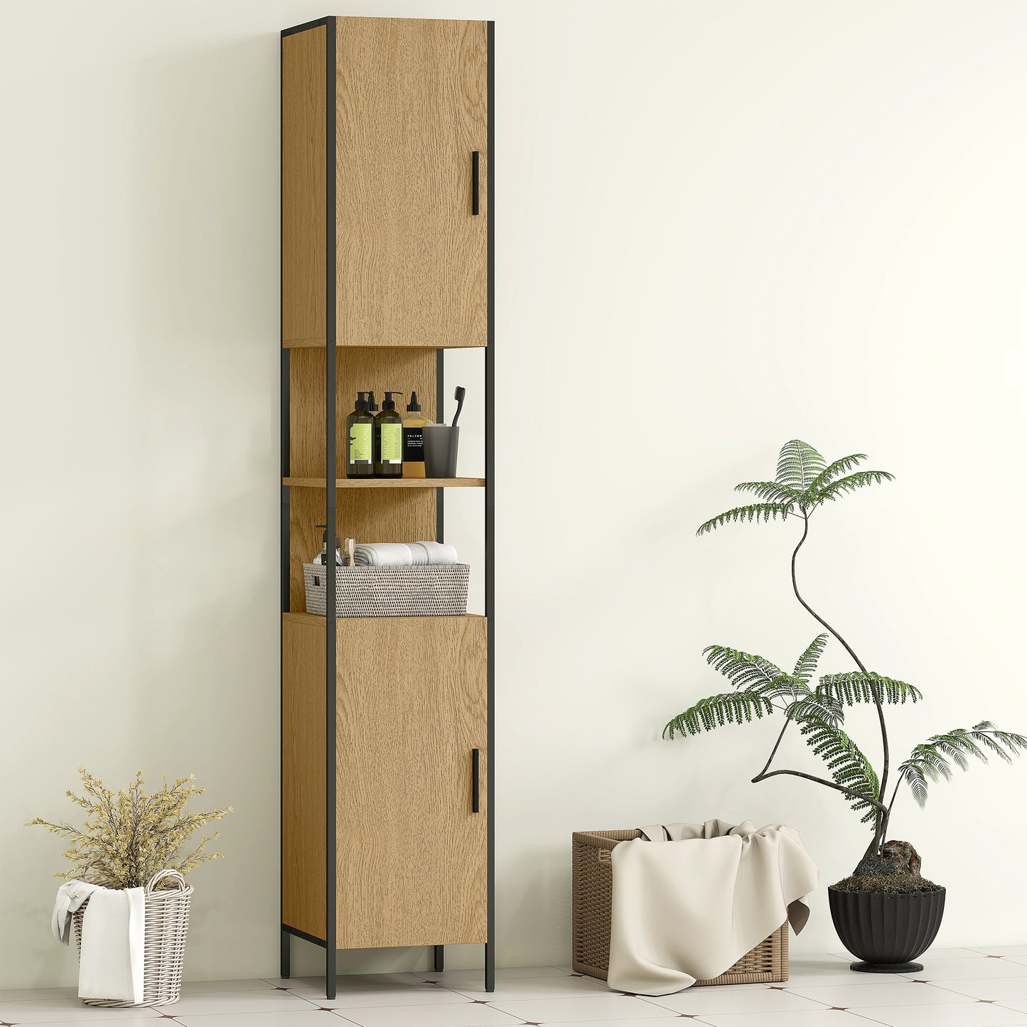 Rambette Tall Bathroom Storage Cabinet With Double Doors OFauxn Compartments And Adjustable Shelves Natural Wood Finish