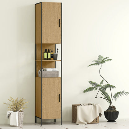 Rambette Tall Bathroom Storage Cabinet With Double Doors OFauxn Compartments And Adjustable Shelves Natural Wood Finish