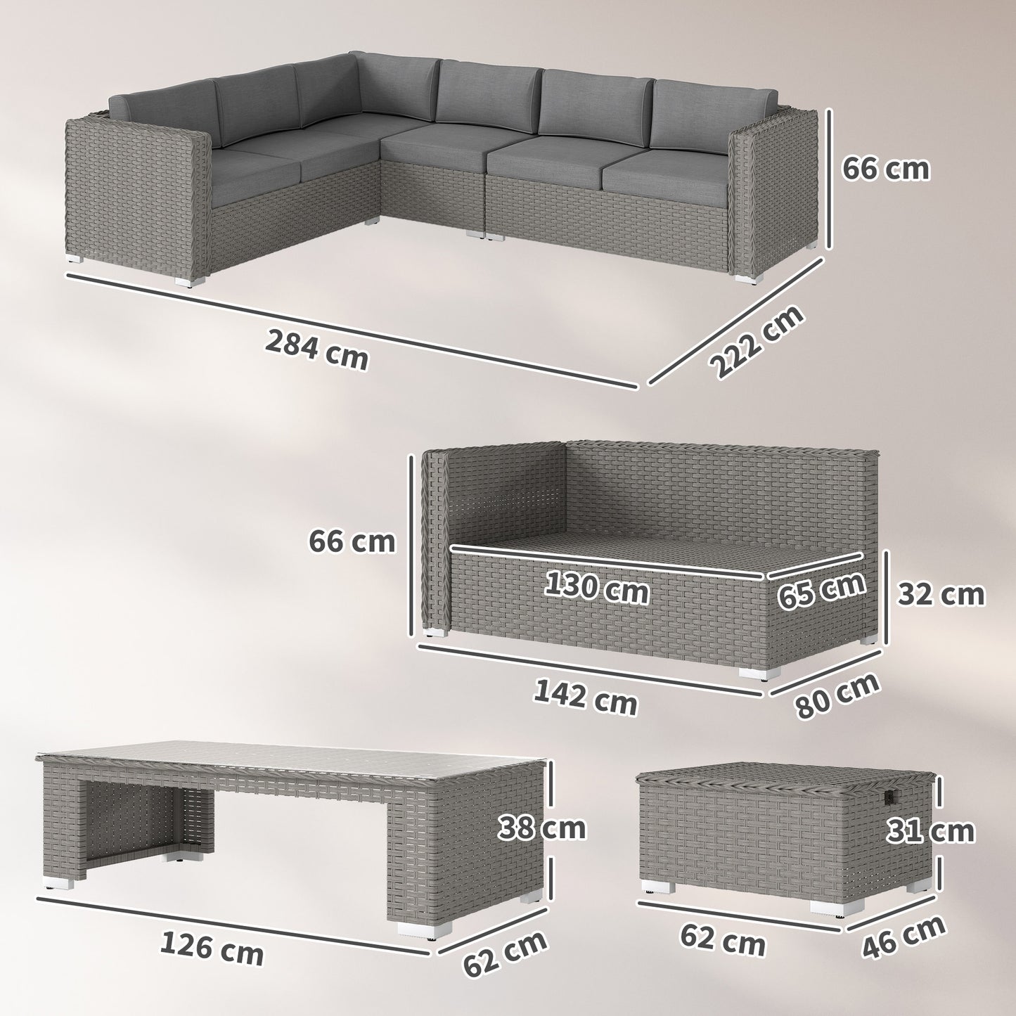 Rava Faux Rattan Grey 8 Seater Corner Sofa Set With Glass Coffee Table And Footstools