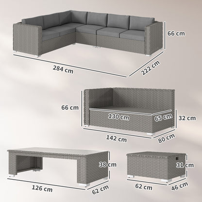 Rava Faux Rattan Grey 8 Seater Corner Sofa Set With Glass Coffee Table And Footstools