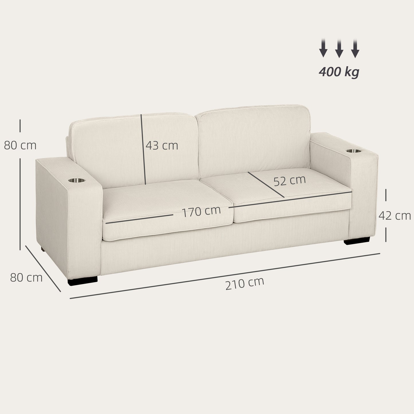 Tocomo Corduroy Cream Upholstered 3 Seater Sofa