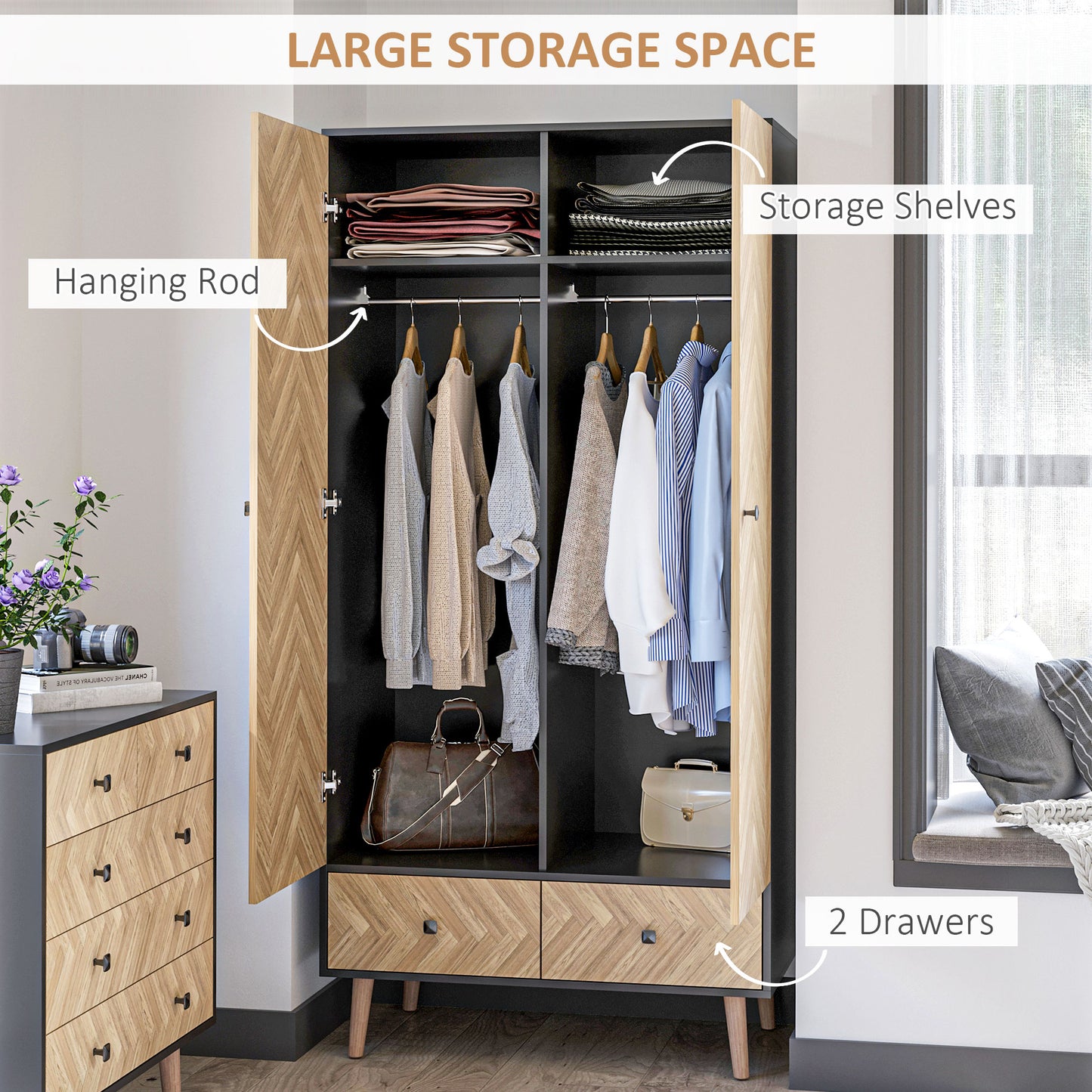 Belavyn Black and Natural Chevron Wardrobe With Hanging Rod Top Shelves And 2 Drawers