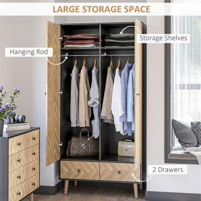 Belavyn Black and Natural Chevron Wardrobe With Hanging Rod Top Shelves And 2 Drawers
