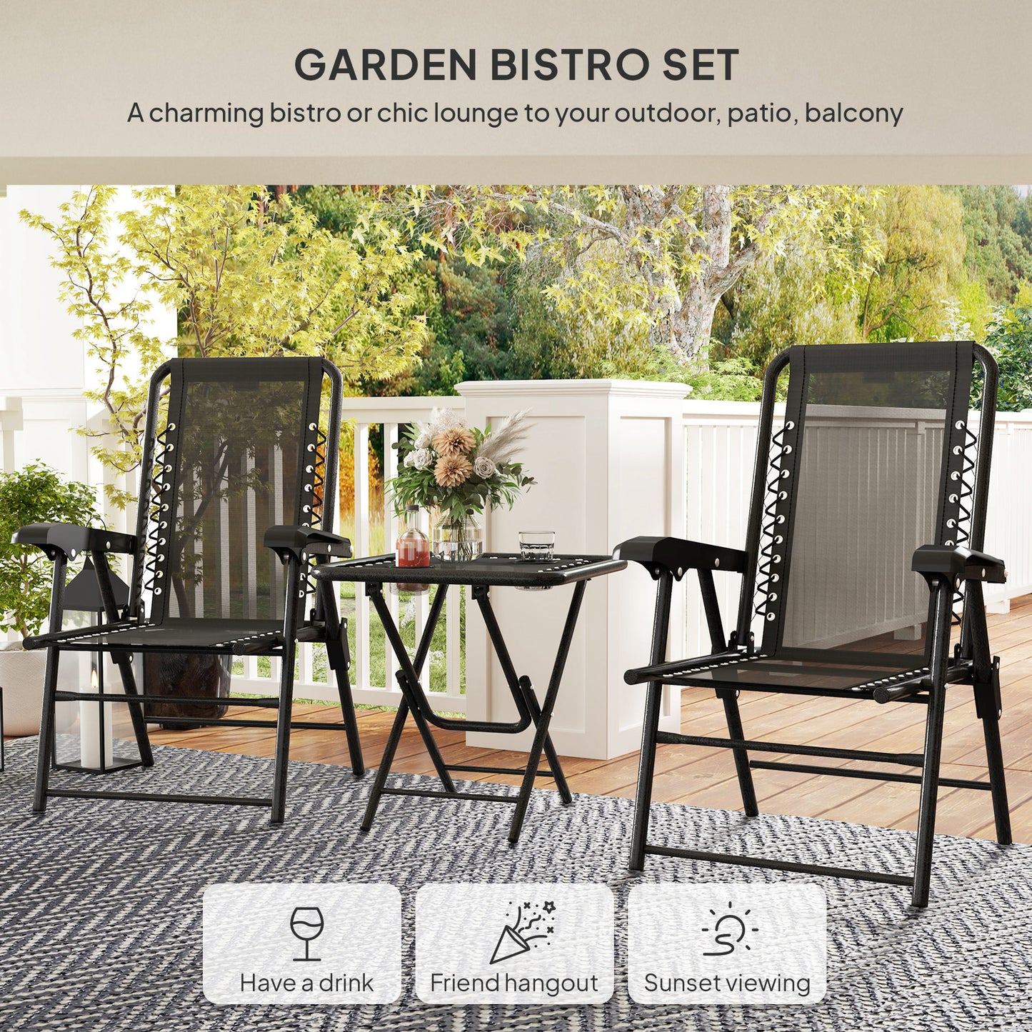 Lacotte Metal Black 3 Piece Garden Mesh Bistro Set Garden Outdoor Table And Chair