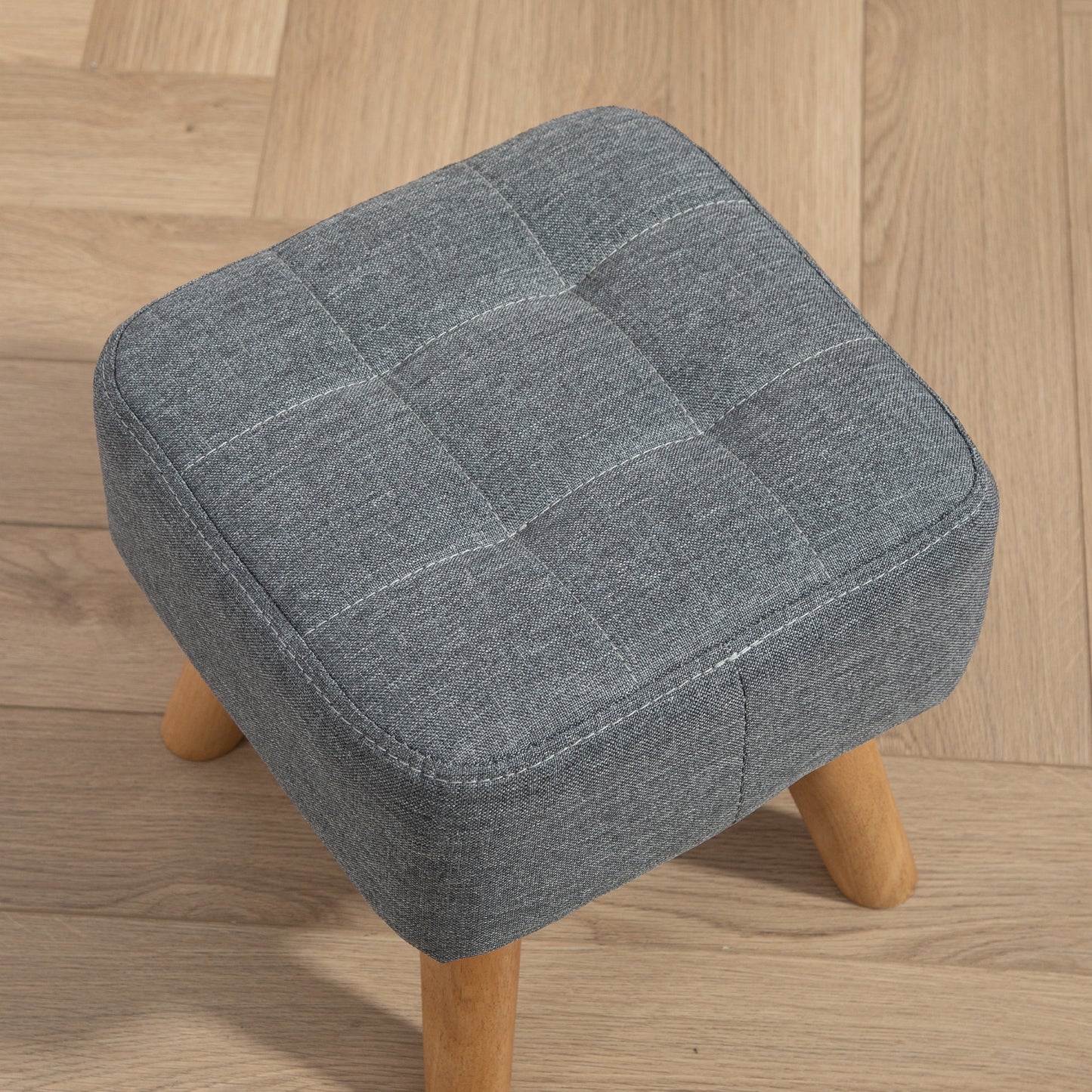 Sayo Linen Look Light Grey Square Padded Footstool Tufted Diamond
