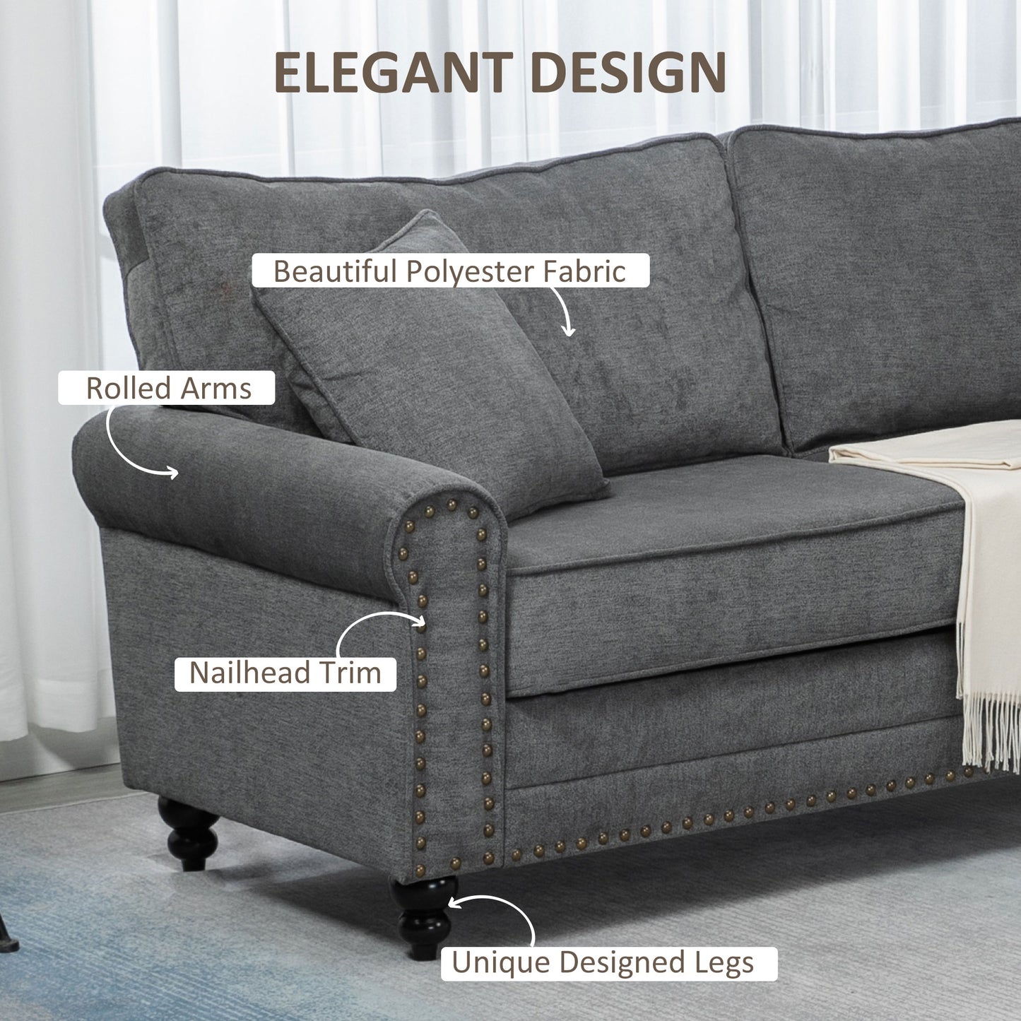 Tael Yolo Grey Fabric 3 Seater Sofa With Nail Head Trim And 2 Cushions