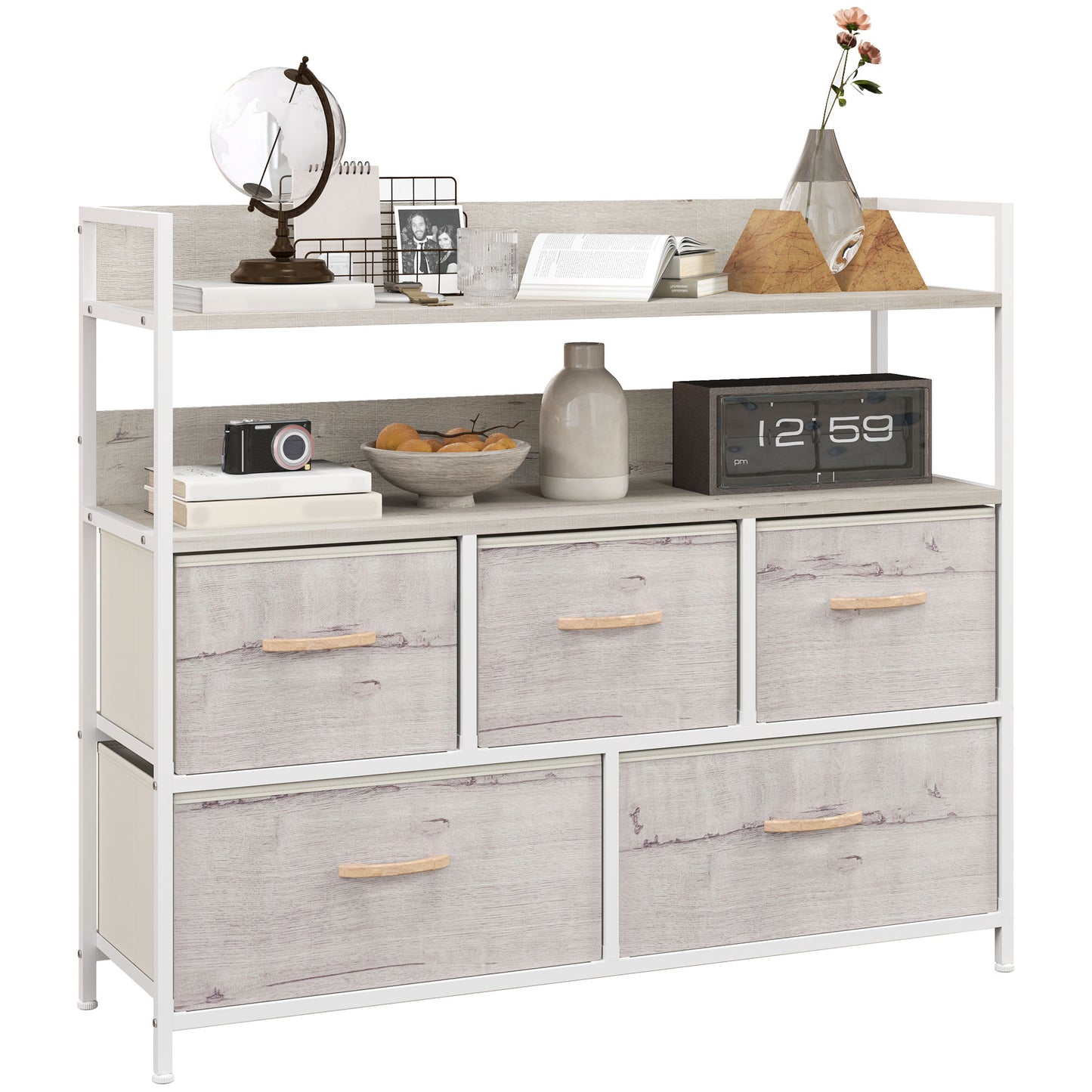 Nakatte White Metal and Grey Fabric 5 Drawer Storage Chest