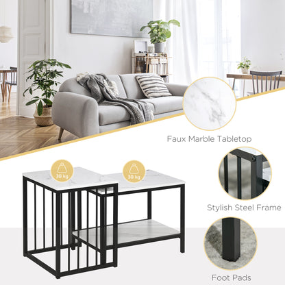 Yoloba Metal And Wood White And Black Set Of 2 Marble Effect Nesting Coffee Tables