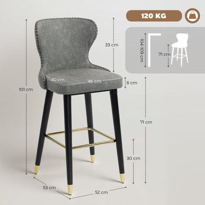 Finomo Set Of 2 Grey Faux Leather Bar Stools With Wooden Legs And Footrest