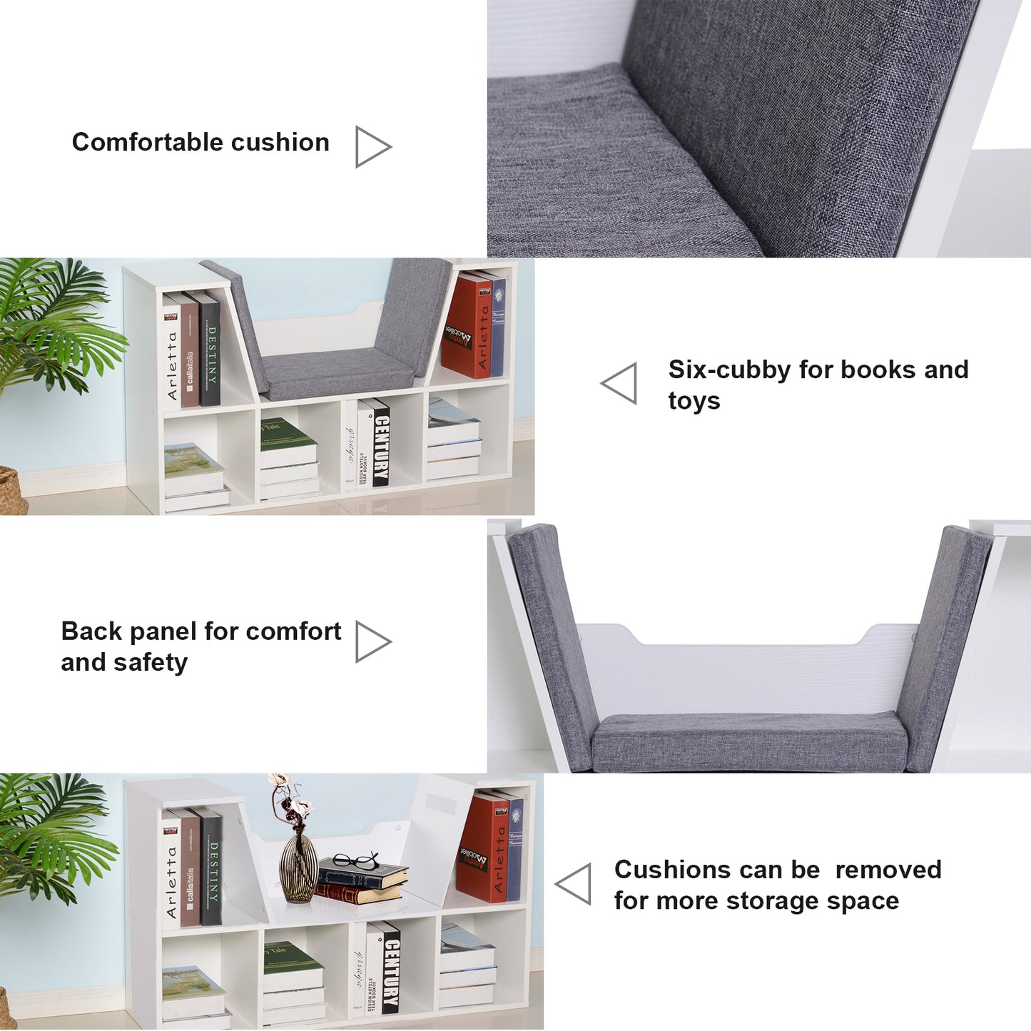 Vezito Wood White Cube Bookcase With Cushioned Seat