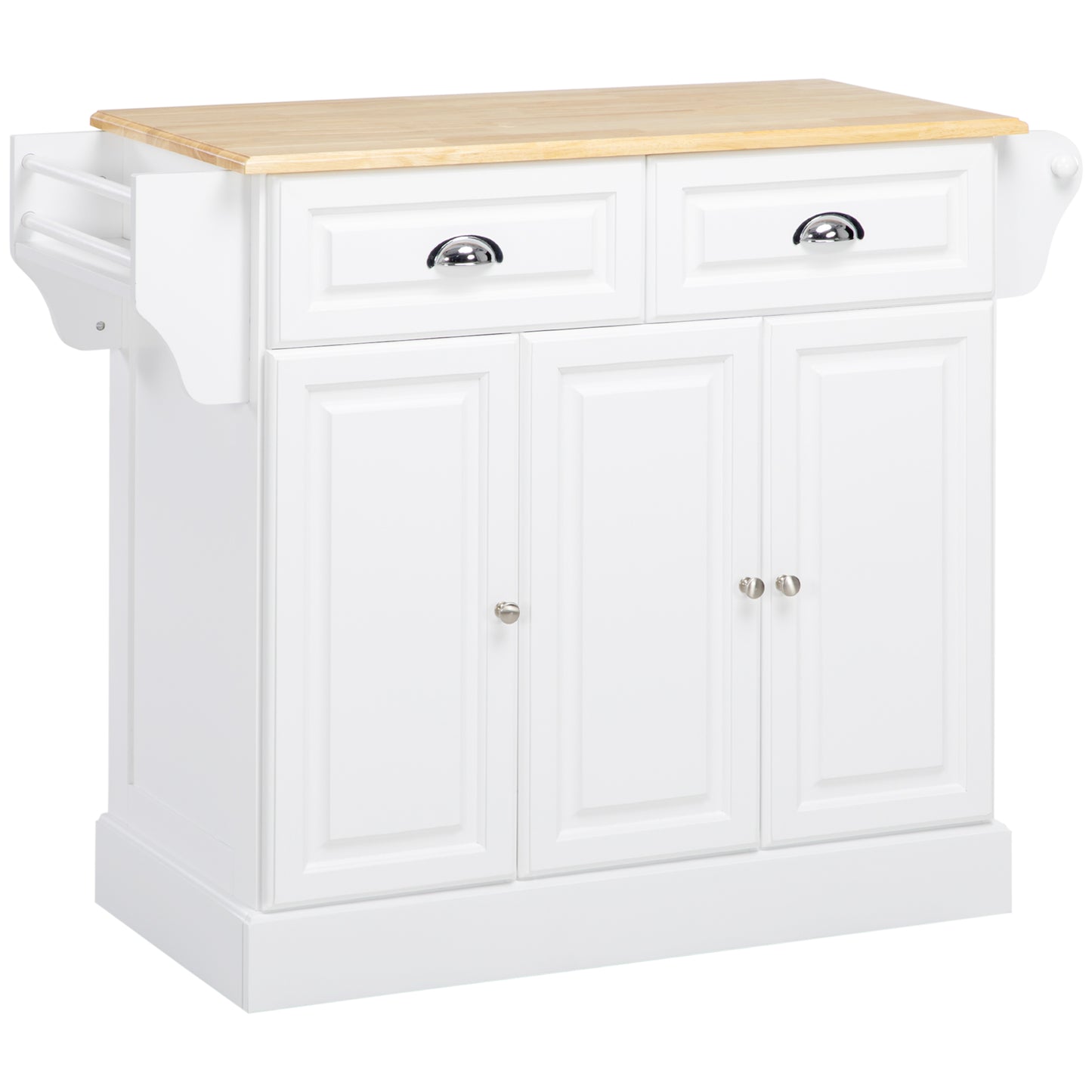 Nirael Wooden White Rolling Kitchen Island With Rubberwood Top Drawer And Storage