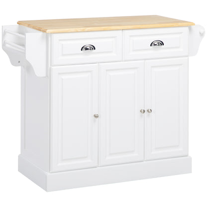Nirael Wooden White Rolling Kitchen Island With Rubberwood Top Drawer And Storage