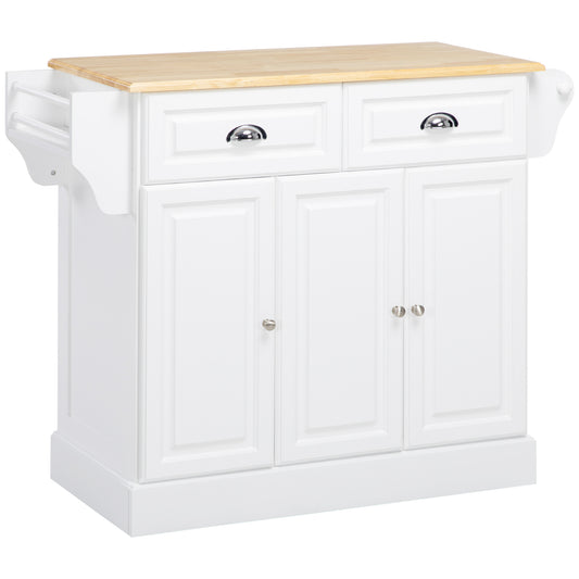 Nirael Wooden White Rolling Kitchen Island With Rubberwood Top Drawer And Storage