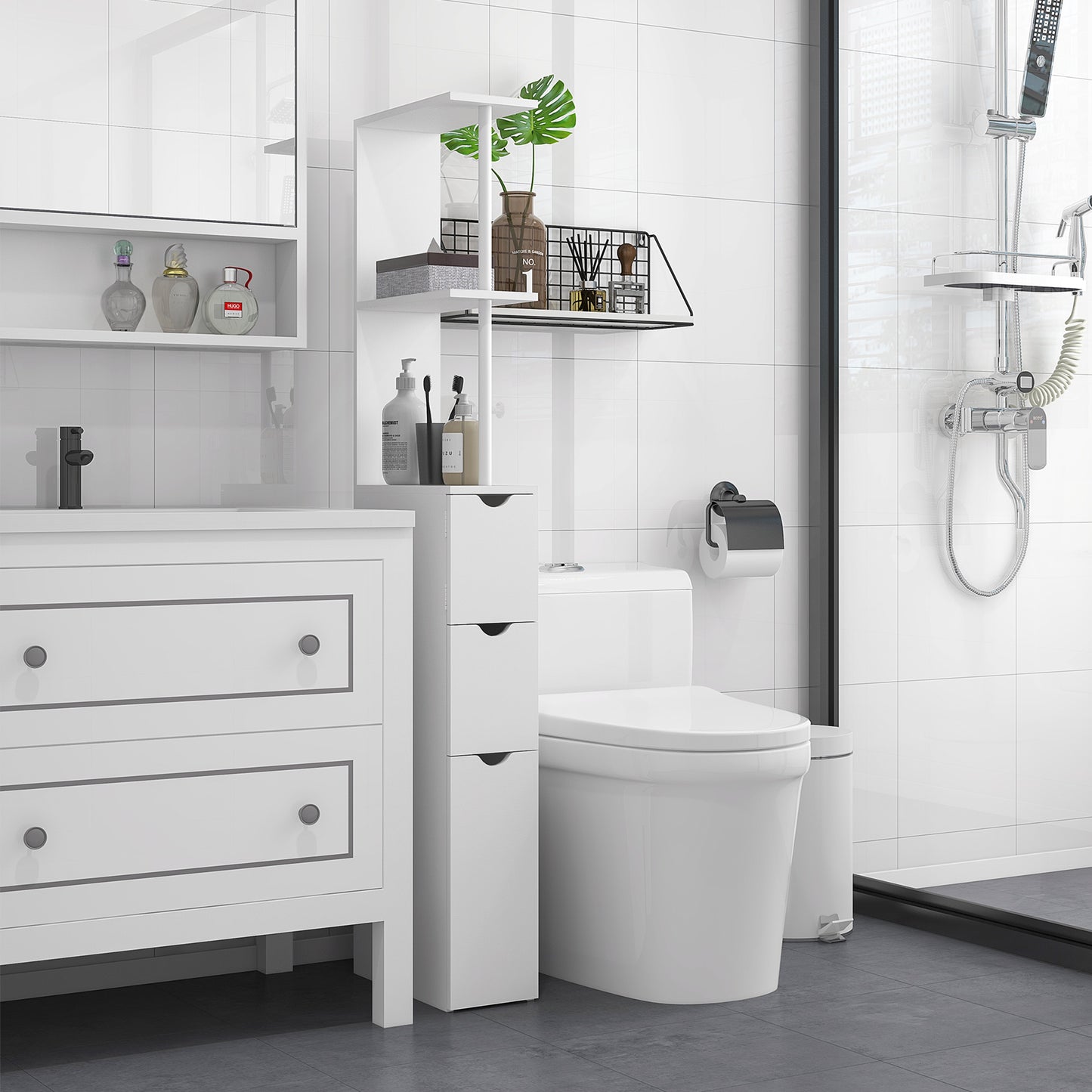 Tafi Slim Tall Bathroom Cupboard With Drawers And 2 Tier Shelving Unit White